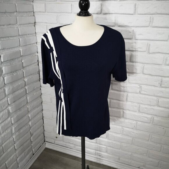 Spanner Ladies Size Large Navy White Straight Fit Round Neck Short Sleeves Top - Picture 1 of 5